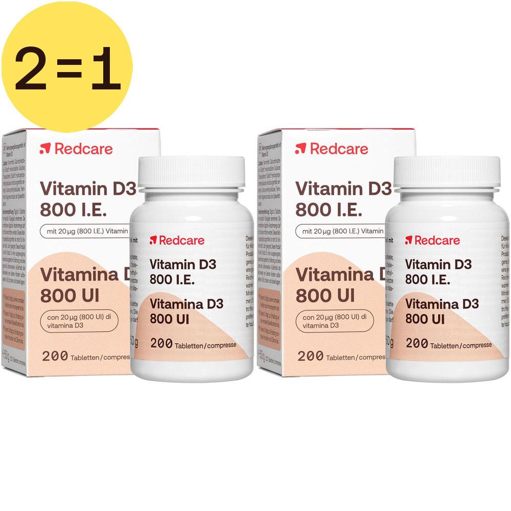 Deux boîtes de Redcare Vitamine D3 800 I.E. avec deux flacons et deux boîtes. Inscription : 2=1.