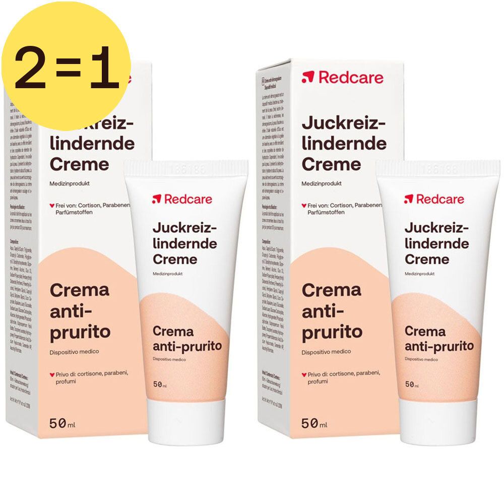 Deux tubes et deux boîtes de Redcare Crème Anti-Démangeaisons. Inscription: 2=1 GRATUIT. Nom du produit et logo visibles.