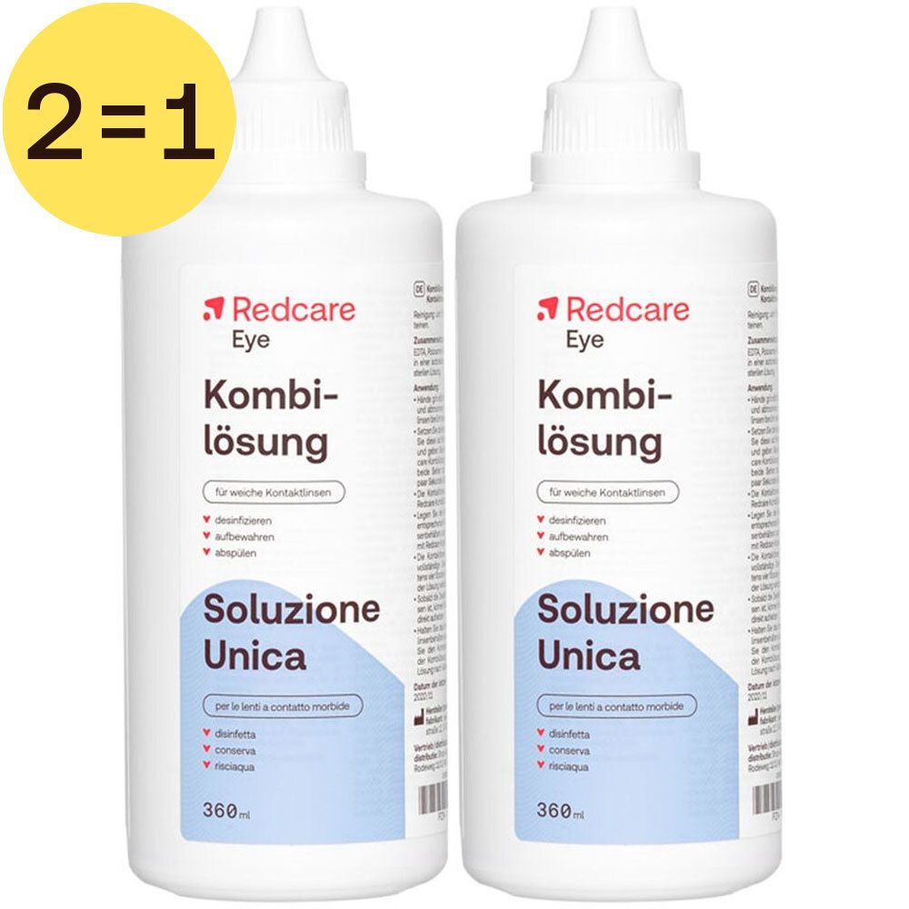 Deux flacons de solution combinée pour lentilles. Inscription: Redcare Eye, Kombilösung, Soluzione Unica. Offre 2=1.