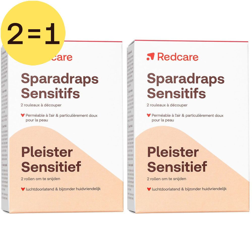 Twee verpakkingen Redcare Sparadraps Sensitifs. Opschrift: 2 rollen om te snijden. 2=1 aanbieding.