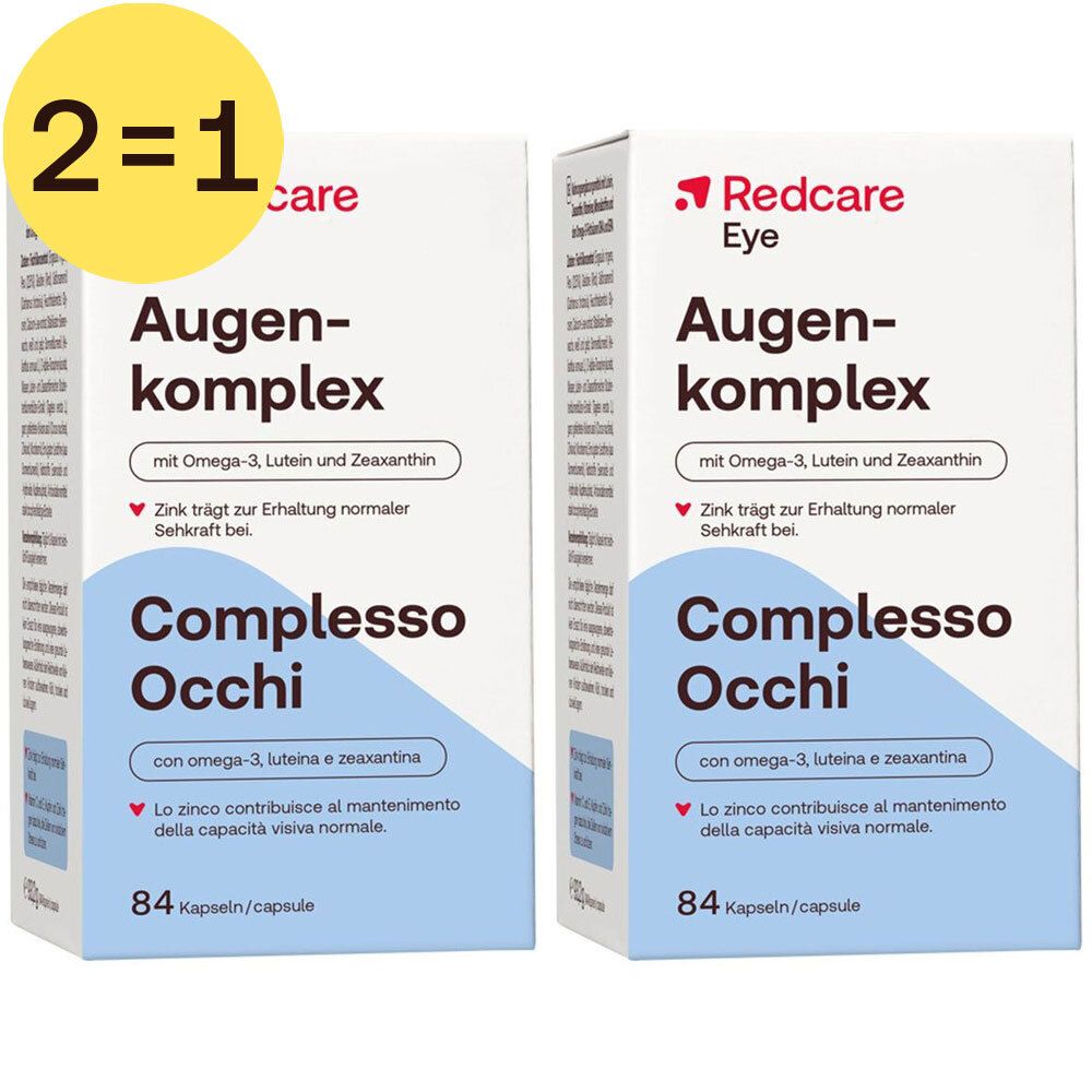 Twee dozen Redcare Complexe Oculaire. Opschrift: Augenkomplex, 84 capsules. Met omega-3, luteïne en zeaxanthine.