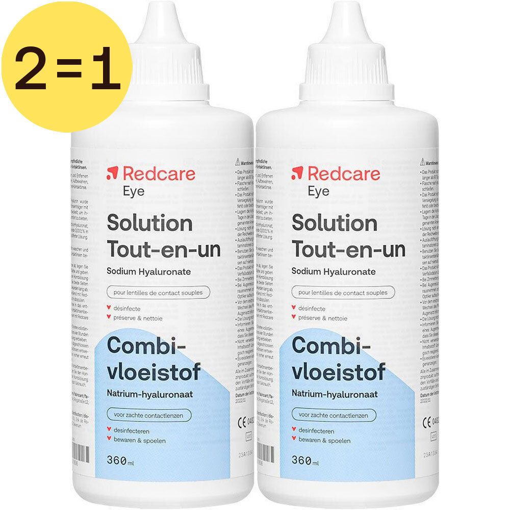 Deux flacons de Redcare Eye Solution. Inscription: Solution Tout-en-un, Combi-vloeistof. Offre 2=1.