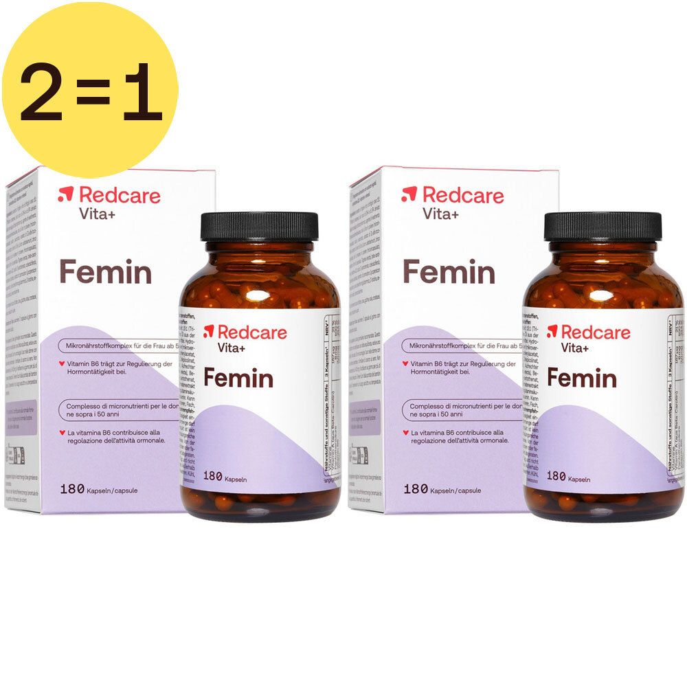 Twee flessen en twee dozen Redcare Vita+ Femin. Opschrift: 2=1.