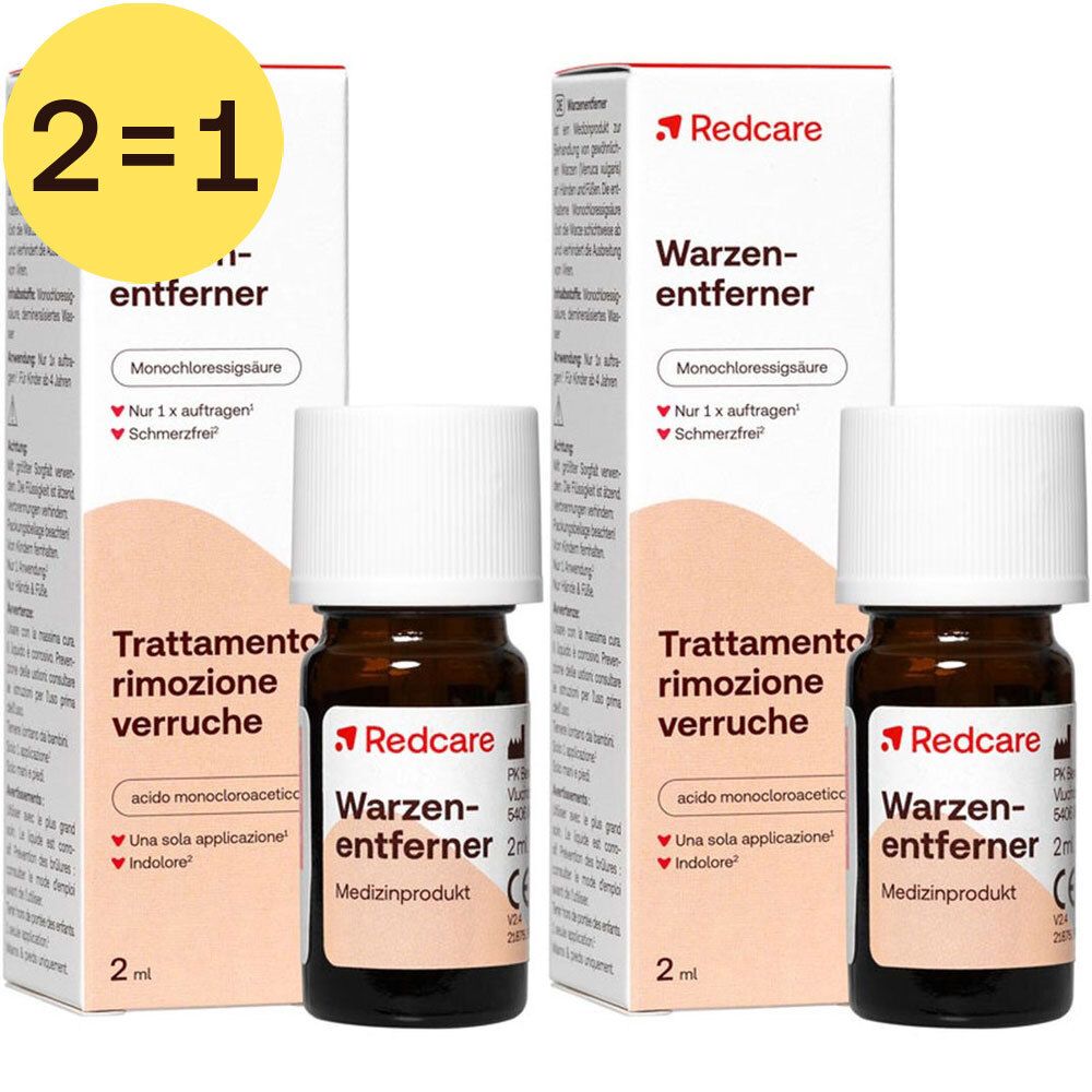 Twee flesjes en twee verpakkingen. Opschrift: Warzenentferner. Merk: Redcare. 2=1 aanbieding.