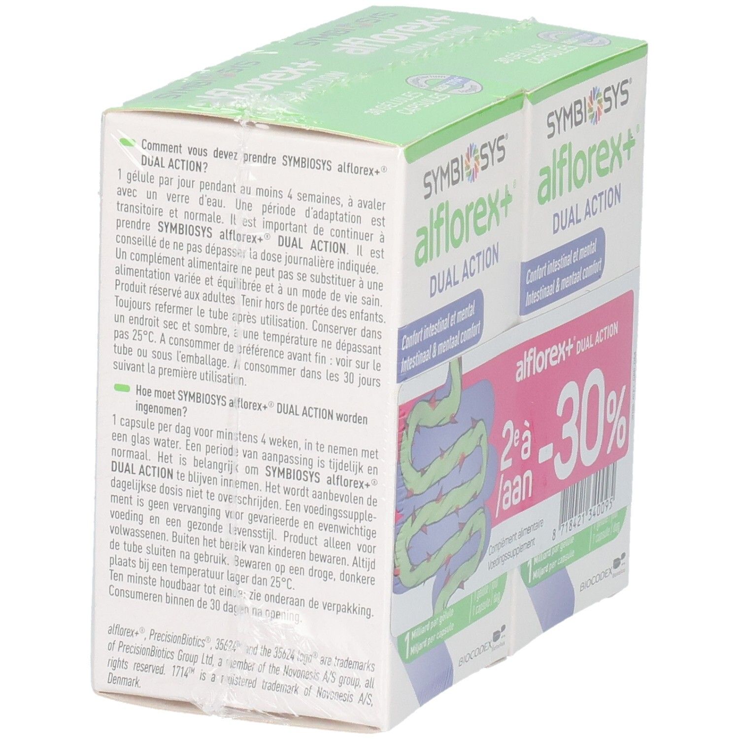 Verpakking Alflorex+ Duo Probiotikum. Twee dozen naast elkaar. Groen-witte dozen met tekst en illustraties.