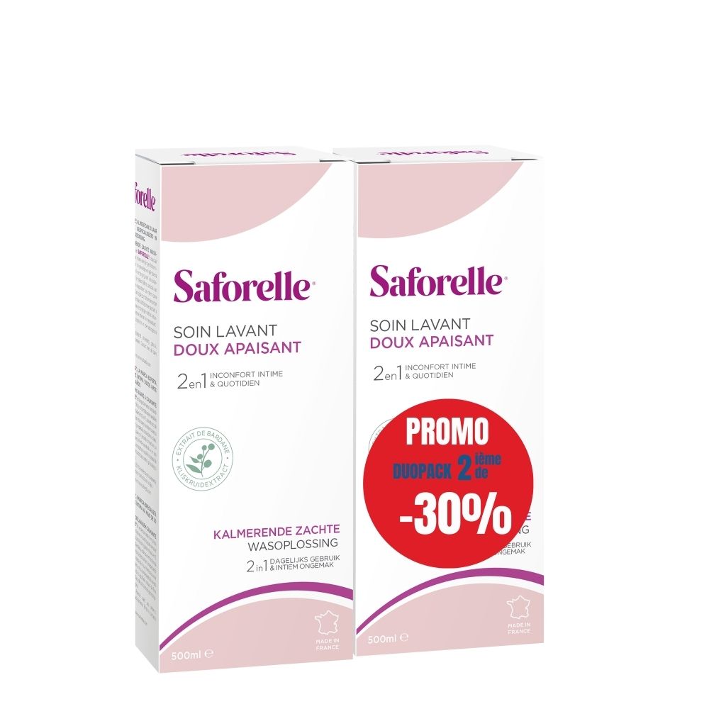 Saforelle Duo Pack: Twee kalmerende, zachte wasoplossingen voor intieme hygiëne.