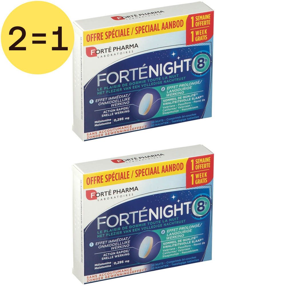 Twee verpakkingen FortéNight 8h. Opschrift "2=1". Verpakking met productnaam, logo en informatie.