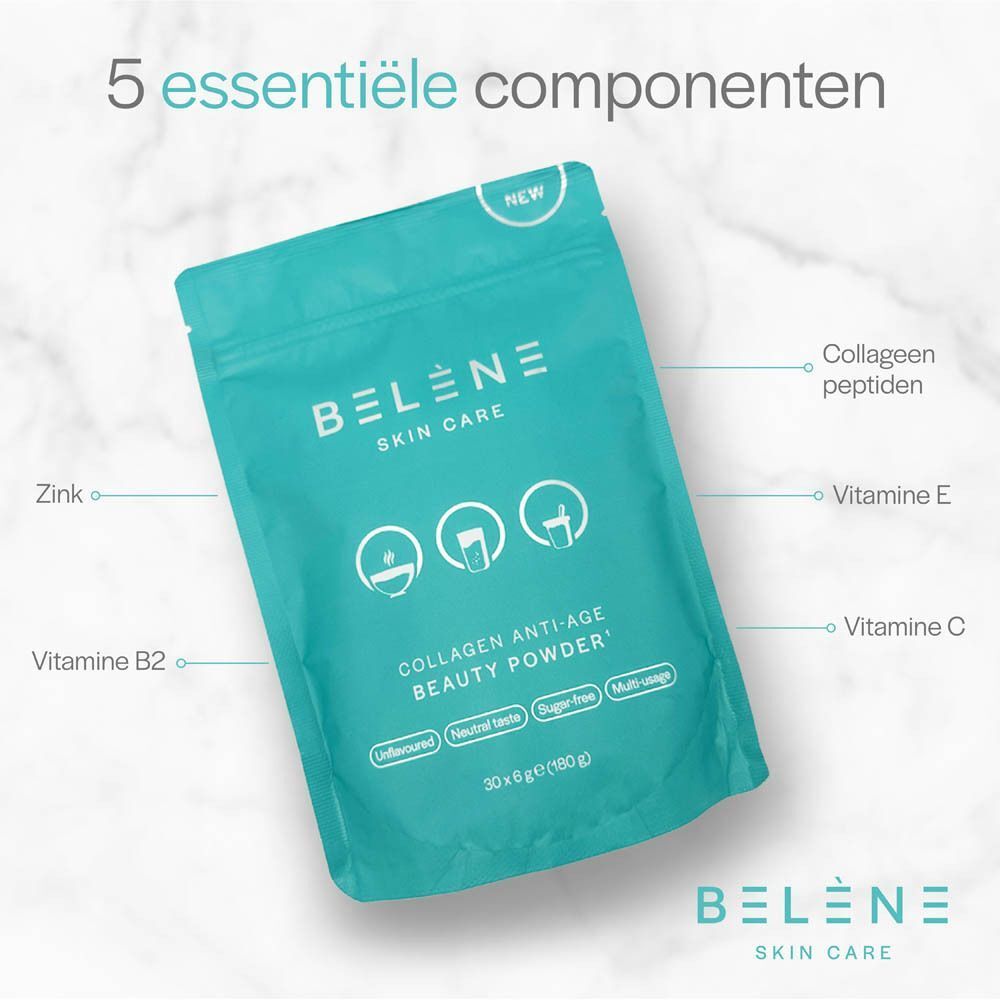 Turquoise zakje Belène Skin Care Collagène anti-âge Beauty Powder. Opschrift: 5 essentiële componenten. Componenten zijn beschreven.