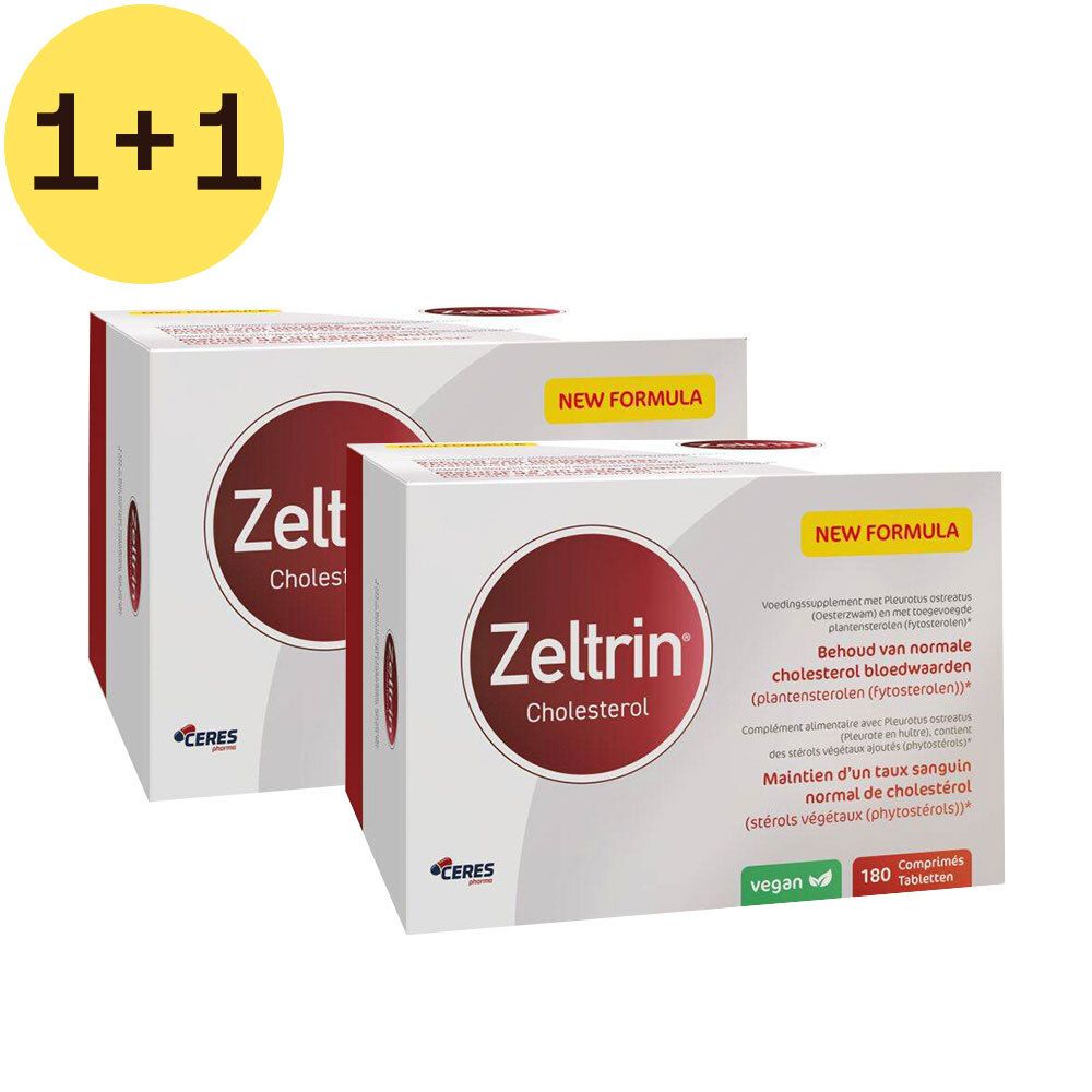 Deux boîtes de Zeltrin® Cholésterol. Boîtes rouges et blanches avec nom et texte du produit. Offre 1+1 gratuit.