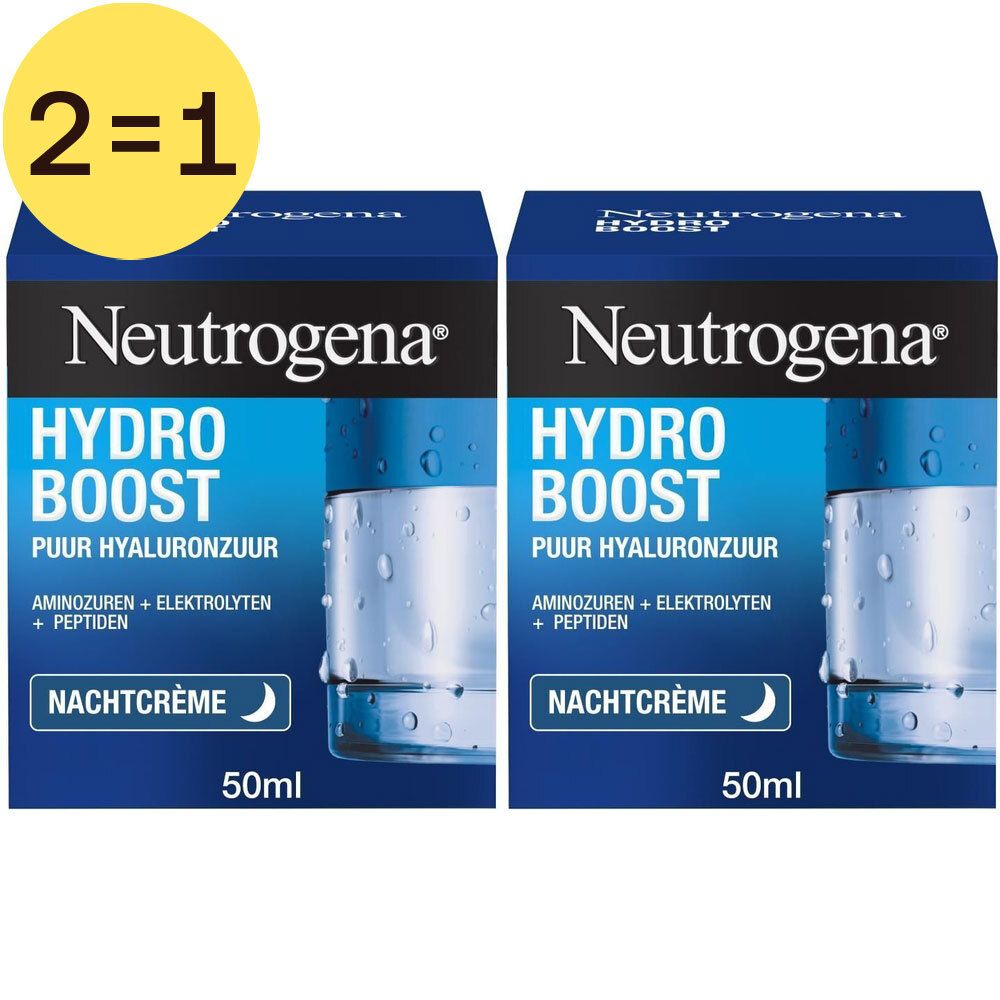 Twee blauwe dozen "Neutrogena Hydro Boost Nachtcrème". Tekst "2=1".