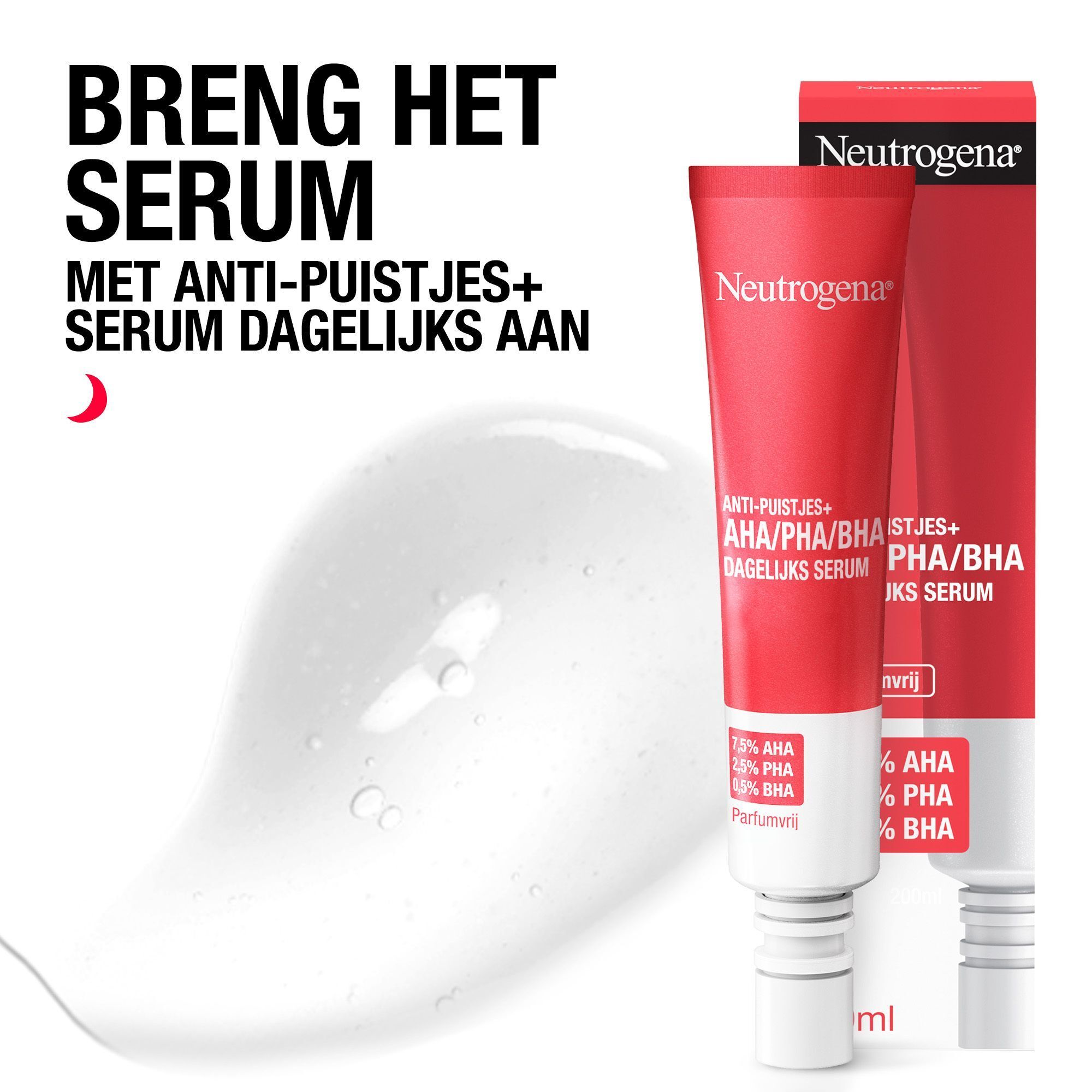 Neutrogena Anti-Puistjes+ serum. Rode tube, witte tekst. Daarnaast een klodder serum.