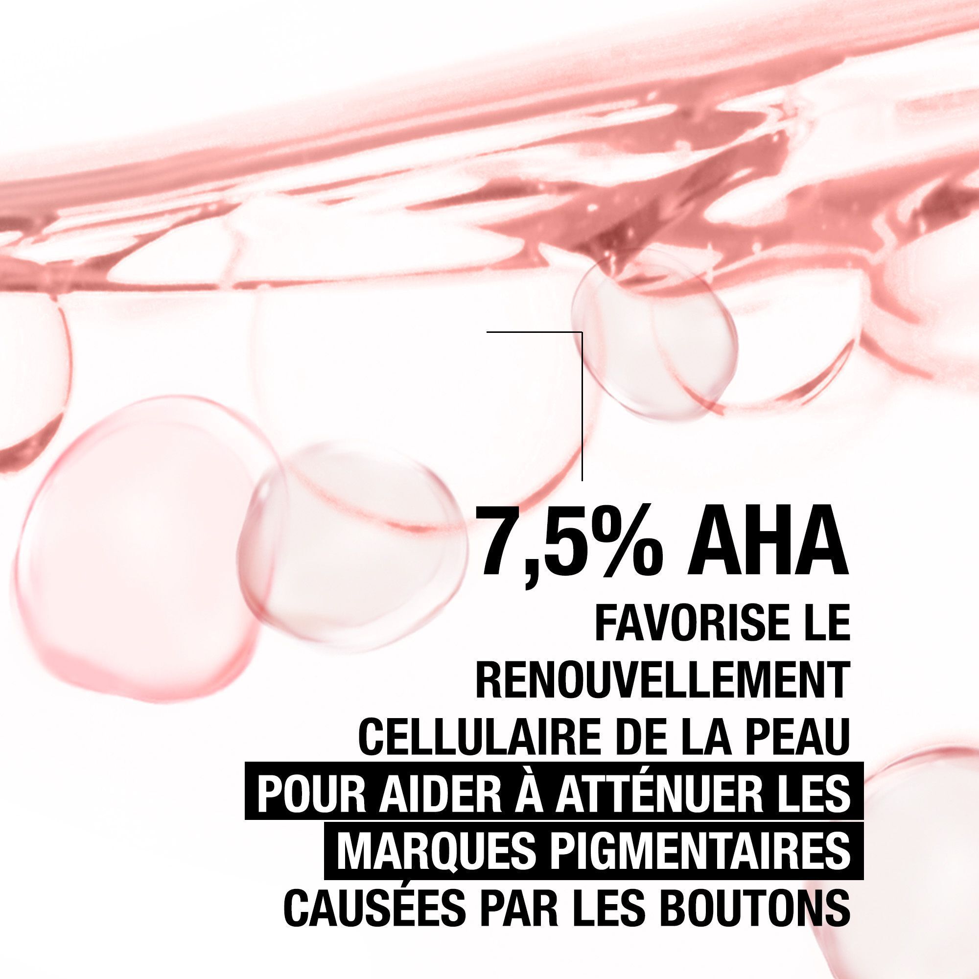 Gros plan de gouttes de liquide rose. Texte: 7,5% AHA favorise le renouvellement cellulaire de la peau pour aider à atténuer les marques pigmentaires causées par les boutons.