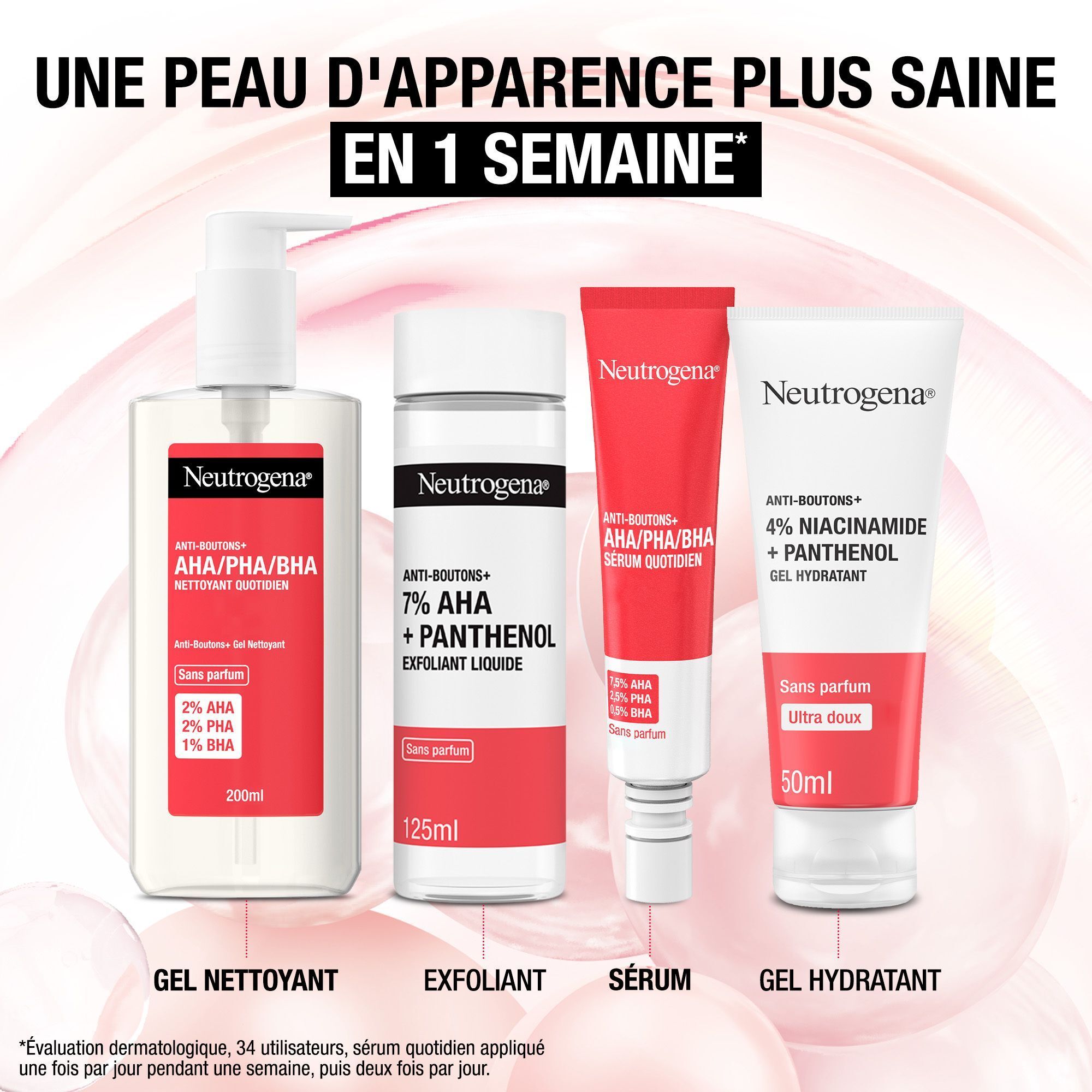 Quatre produits Neutrogena. Gel, Exfoliant, Sérum et Gel Hydratant. Texte: Une peau plus saine en 1 semaine.