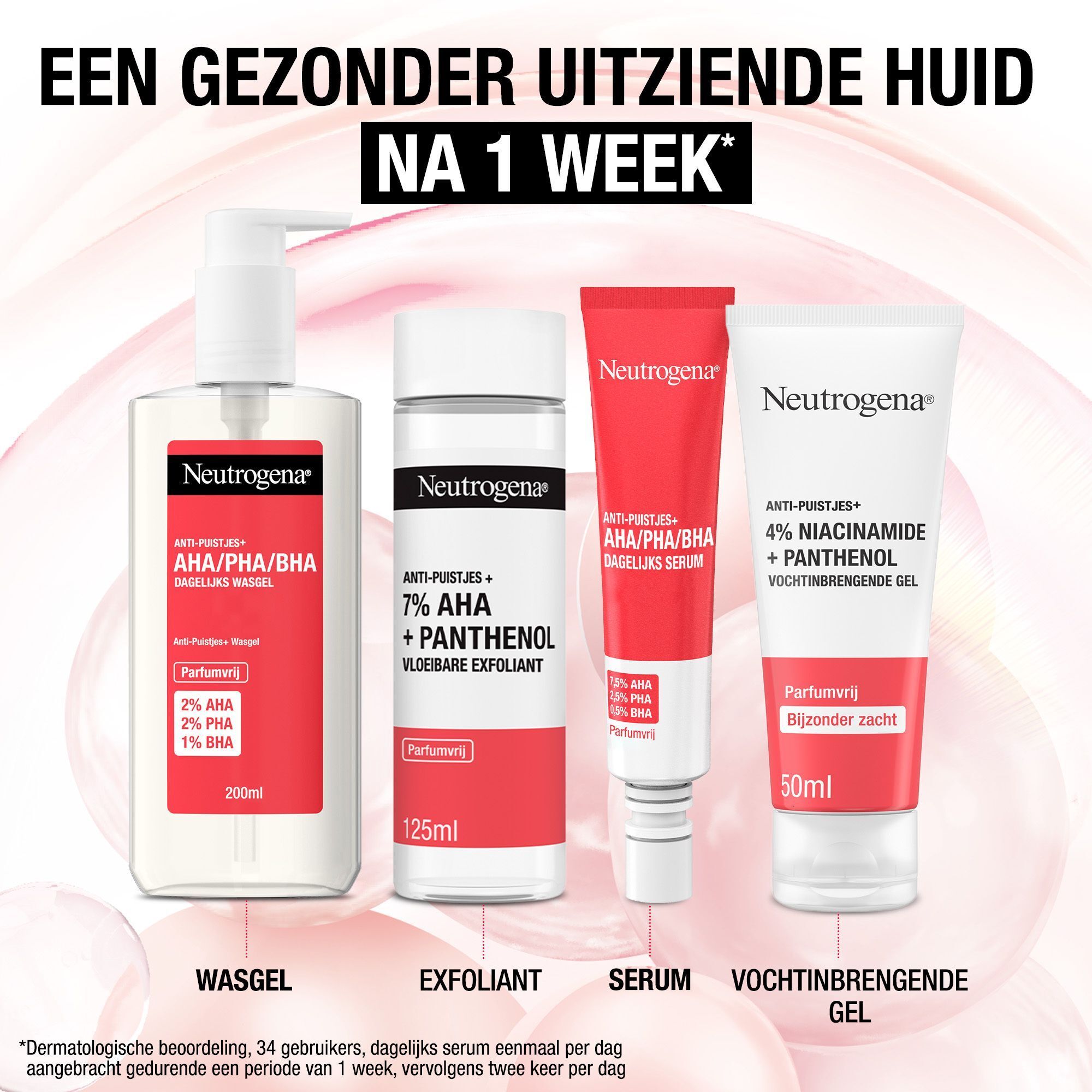 Vier Neutrogena-producten: Wasgel, Exfoliant, Serum en Vochtinbrengende Gel. Tekst: Een gezonder uitziende huid na 1 week.
