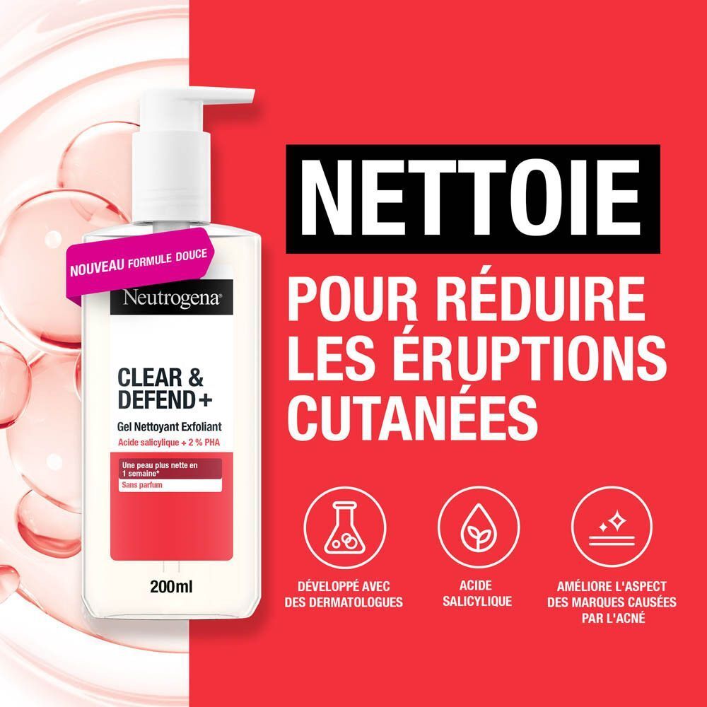 Flacon de gel nettoyant Neutrogena® Clear & Defend+. Texte : NETTOIE POUR RÉDUIRE LES ÉRUPTIONS CUTANÉES. Symboles : Développé avec des dermatologues, acide salicylique, améliore l'aspect des marques.