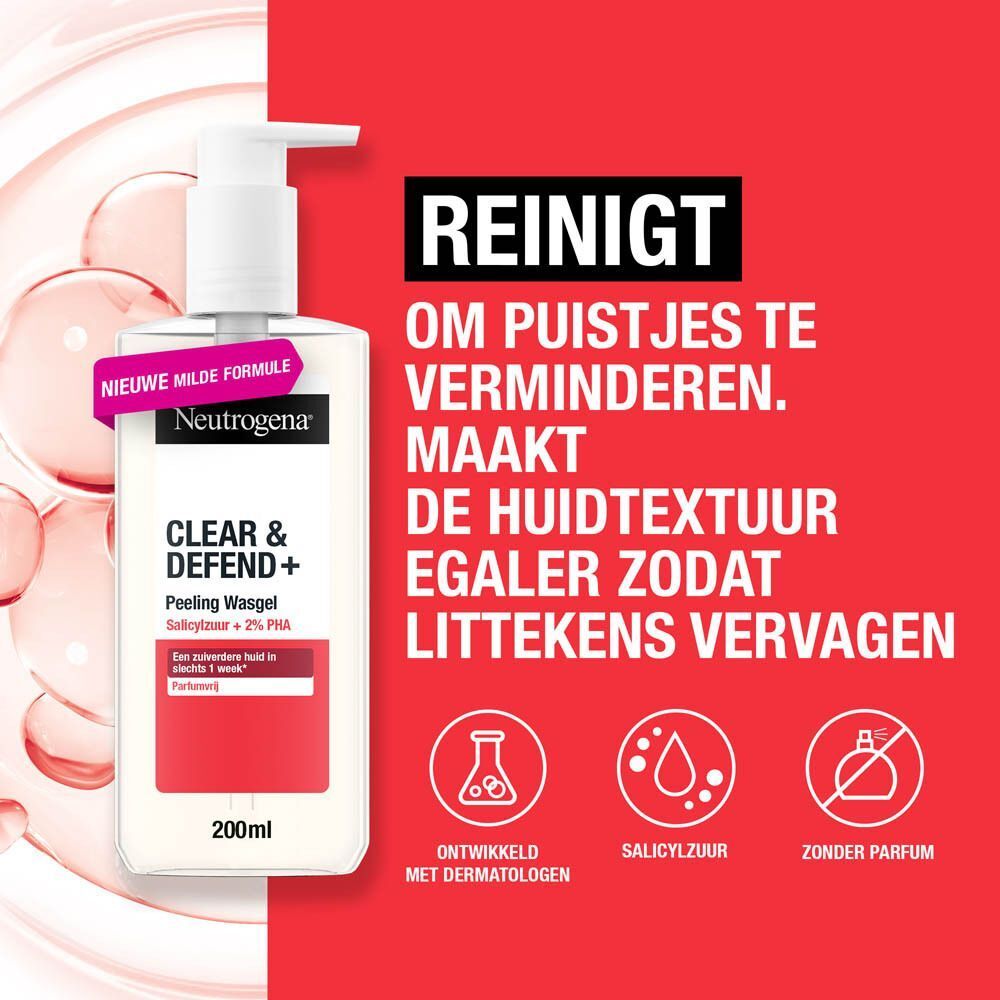 Neutrogena Clear & Defend+ peeling wasgel. Rode achtergrond met tekst: Reinigt om puistjes te verminderen.