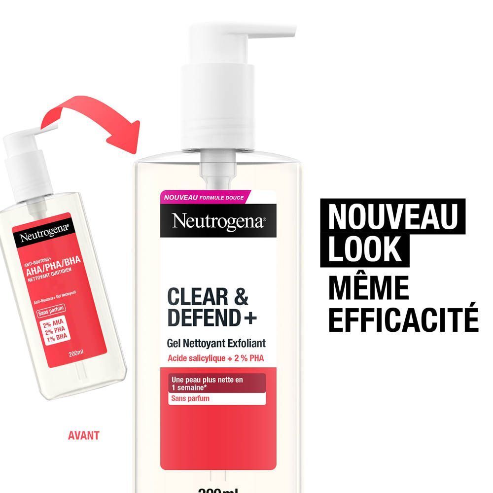 Gel nettoyant Neutrogena Clear & Defend+. Comparaison ancien et nouveau packaging. Texte : Nouveau look, même efficacité.