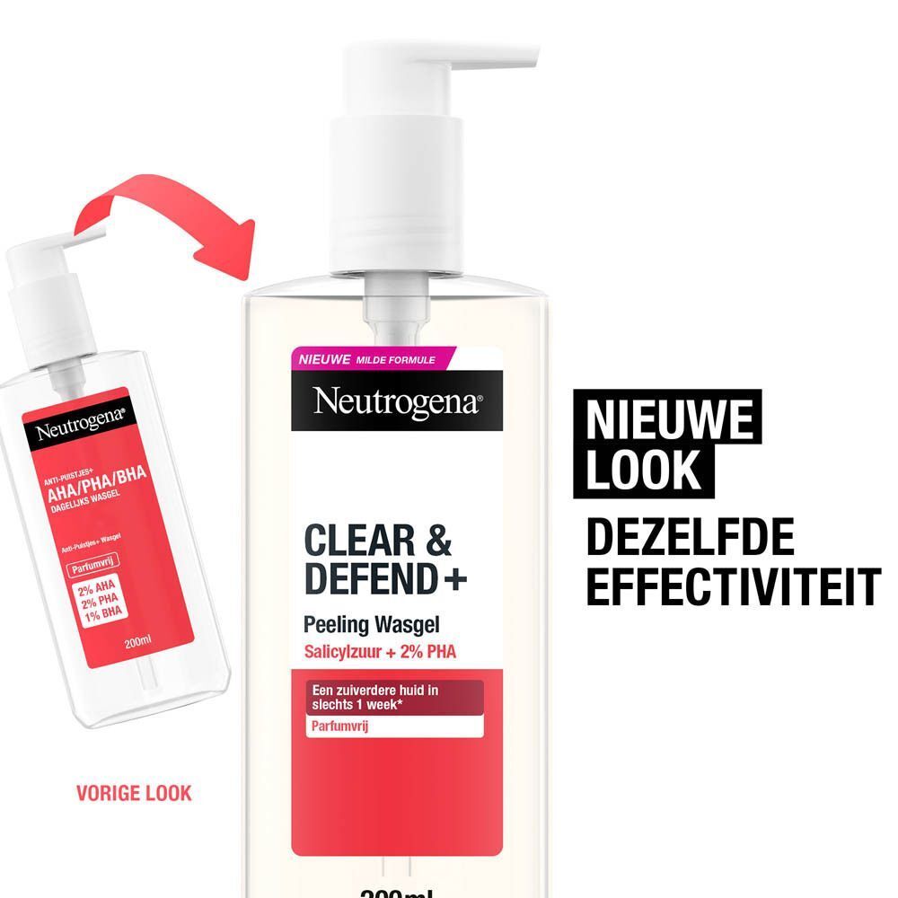 Fles Neutrogena® Clear & Defend+ peeling wasgel. Tekst: NIEUWE LOOK, DEZELFDE EFFECTIVITEIT. Vergelijking oude en nieuwe verpakking.