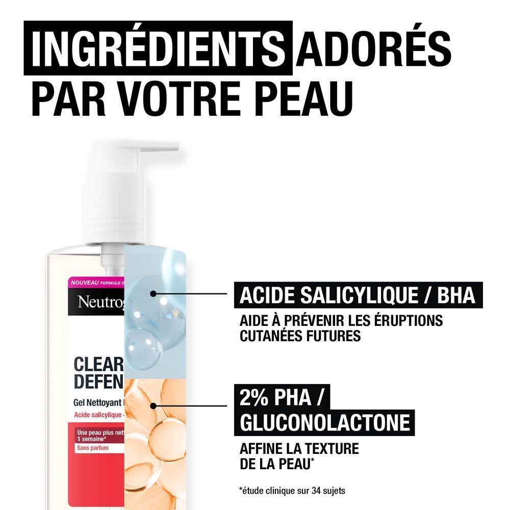 Gel nettoyant Neutrogena Clear & Defend+. Ingrédients mis en avant : Acide salicylique/BHA et 2% PHA/Gluconolactone.