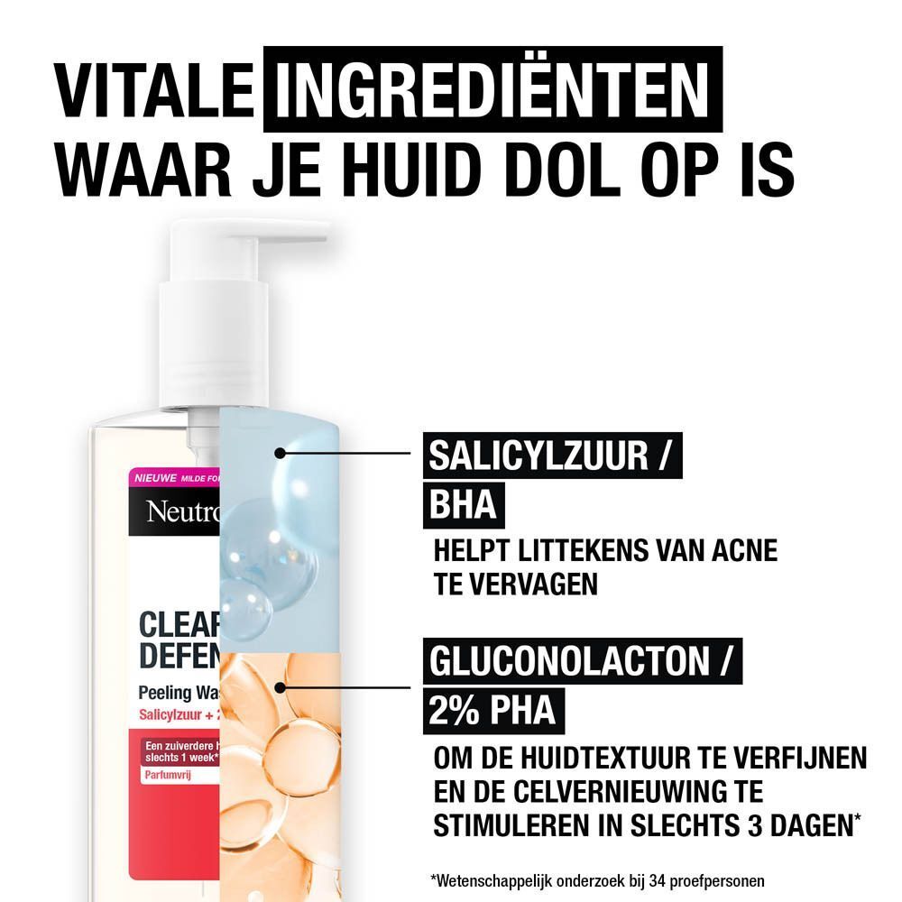 Fles Neutrogena® Clear & Defend+ peeling wasgel. Tekst: VITALE INGREDIËNTEN WAAR JE HUID DOL OP IS. Ingrediënten: Salicylzuur/BHA, Gluconolacton/2% PHA.