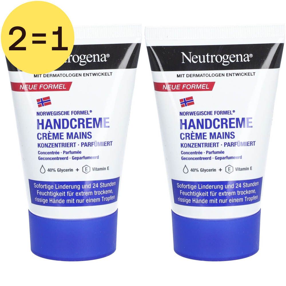 Deux tubes de crème pour les mains Neutrogena, blanc, bouchon bleu, avec l'inscription « 2 pour 1 ».