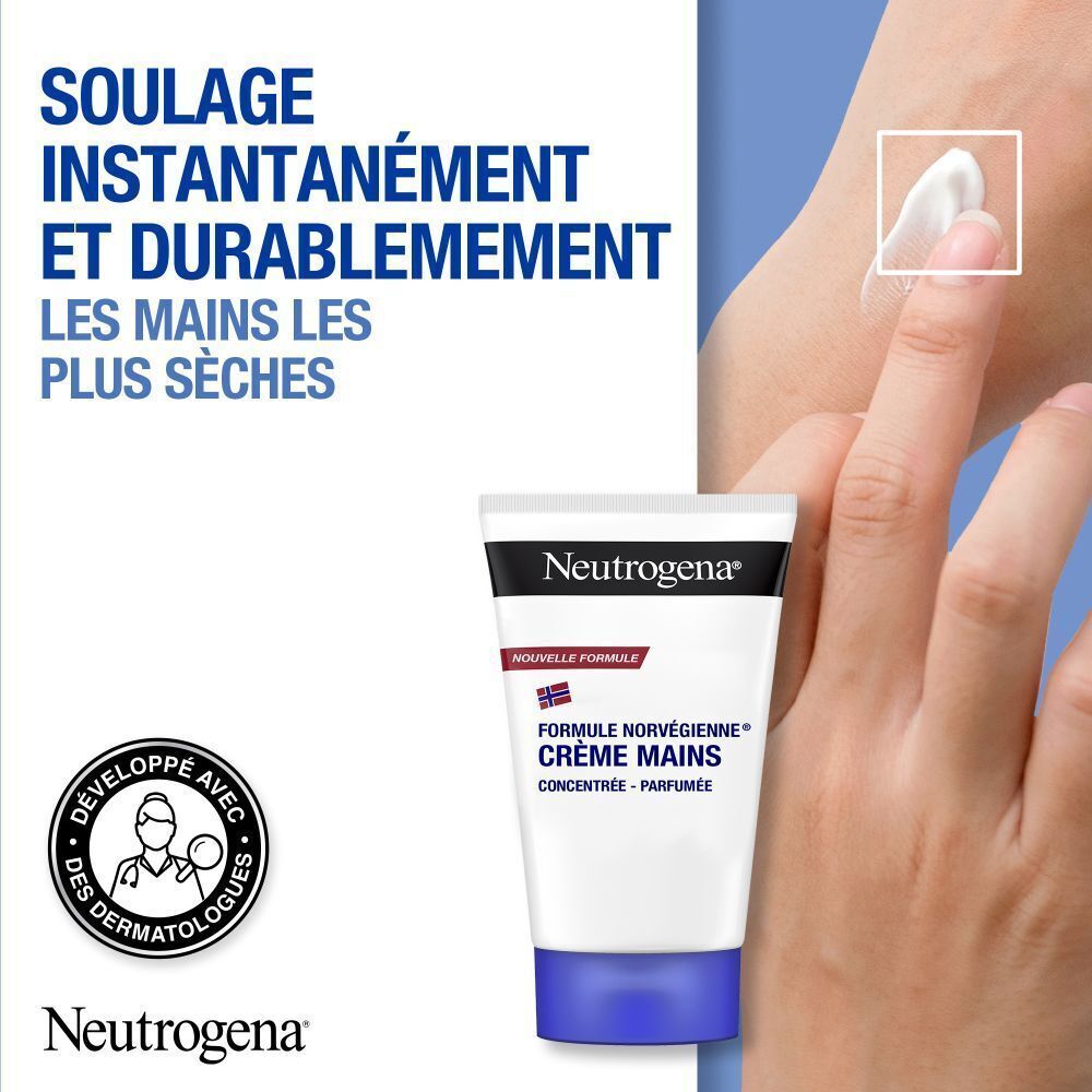 Deux tubes de crème pour les mains avec offre 1+1. Tubes blancs avec bouchons bleus. Texte: Neutrogena, crème mains, 50 ml.