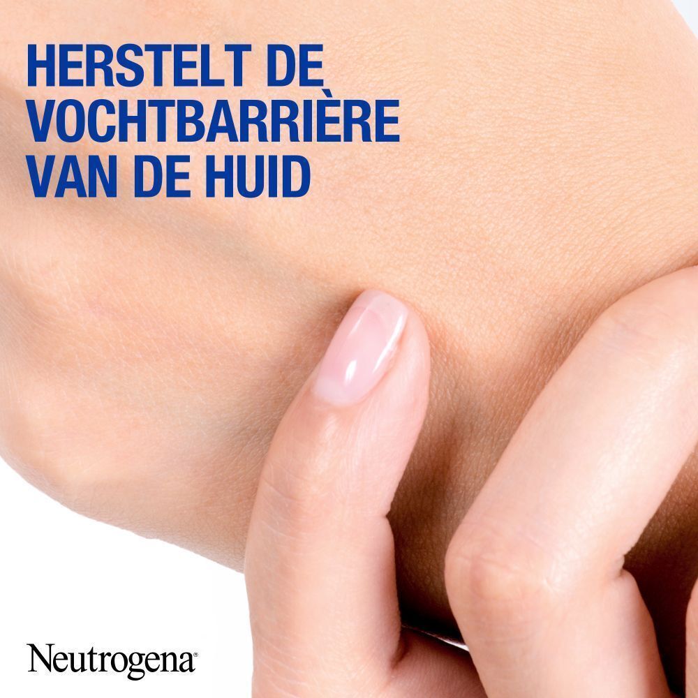 Close-up van een hand. Ingecrèmeerde hand. Tekst: Neutrogena.