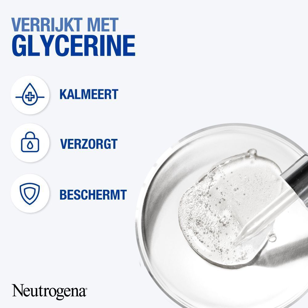 Close-up van een vloeistof in een schaal. Tekst: Glycerine, kalmeert, verzorgt, beschermt. Logo: Neutrogena.
