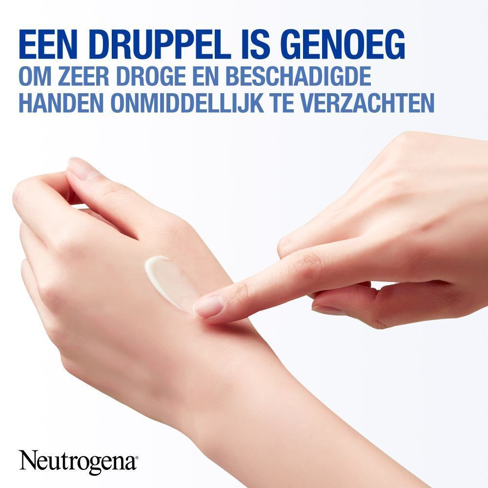 Hand met crème. Witte tube met blauwe dop. Tekst: Neutrogena, handcrème. Opschrift: Dermatologisch getest.