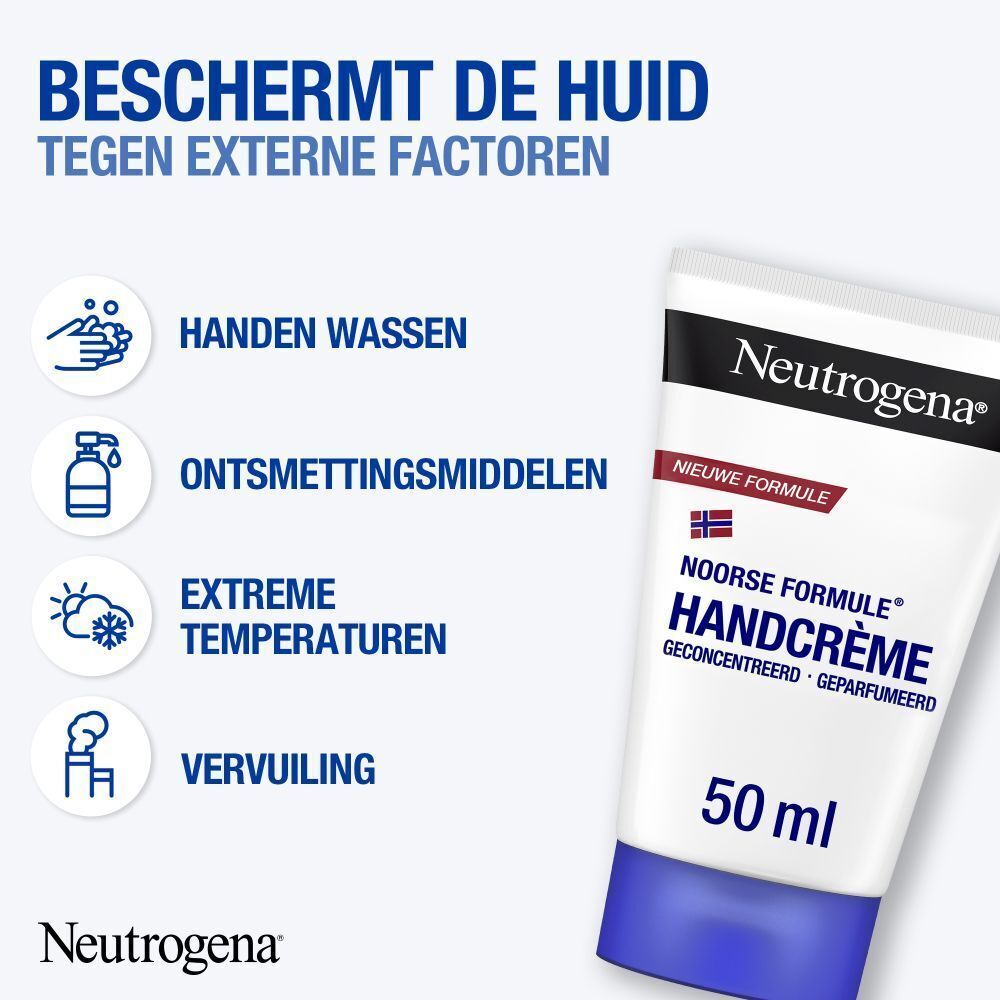 Hand met crème. Witte tube met blauwe dop. Tekst: Neutrogena, handcrème, 50 ml. Illustratie: Handen wassen.