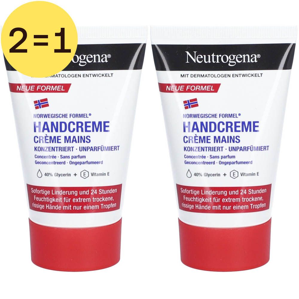 Twee tubes handcrème. Witte tubes met rode bodem. Opschrift: Neutrogena, handcrème, geconcentreerd, ongeparfumeerd. 2=1-aanbieding.