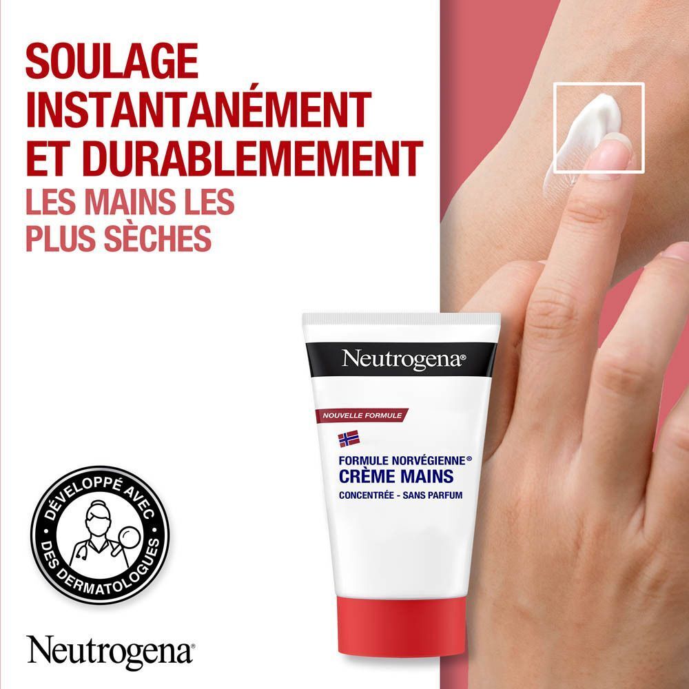 Tube de crème mains et main. Texte: Neutrogena, crème mains, sans parfum. Application sur les mains. Testé dermatologiquement.