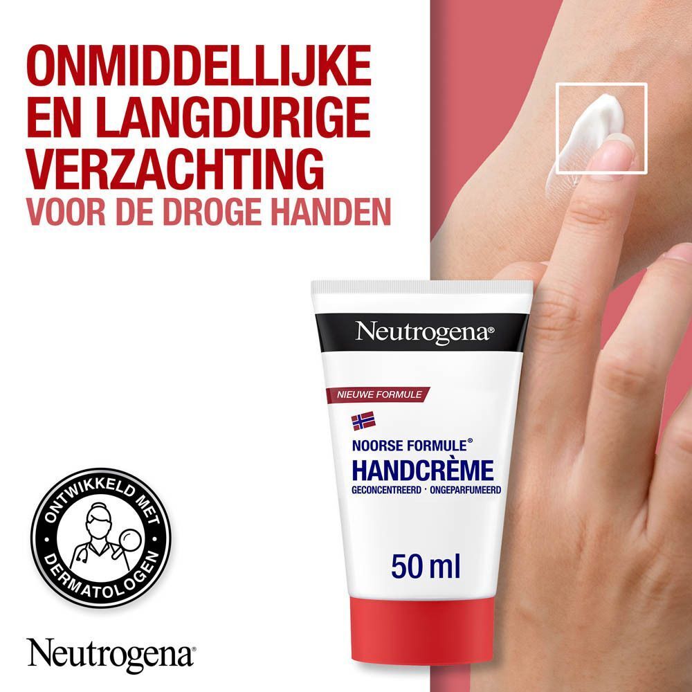 Tube handcrème en hand. Tekst: Neutrogena, handcrème, ongeparfumeerd. Handen worden ingesmeerd. Dermatologisch getest.