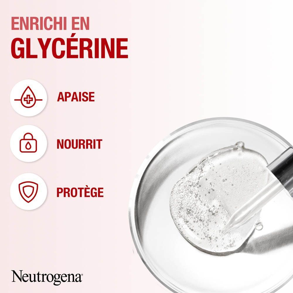 Ingrédients: Glycérine. Symboles: Apaise, nourrit, protège. Texte: Neutrogena.