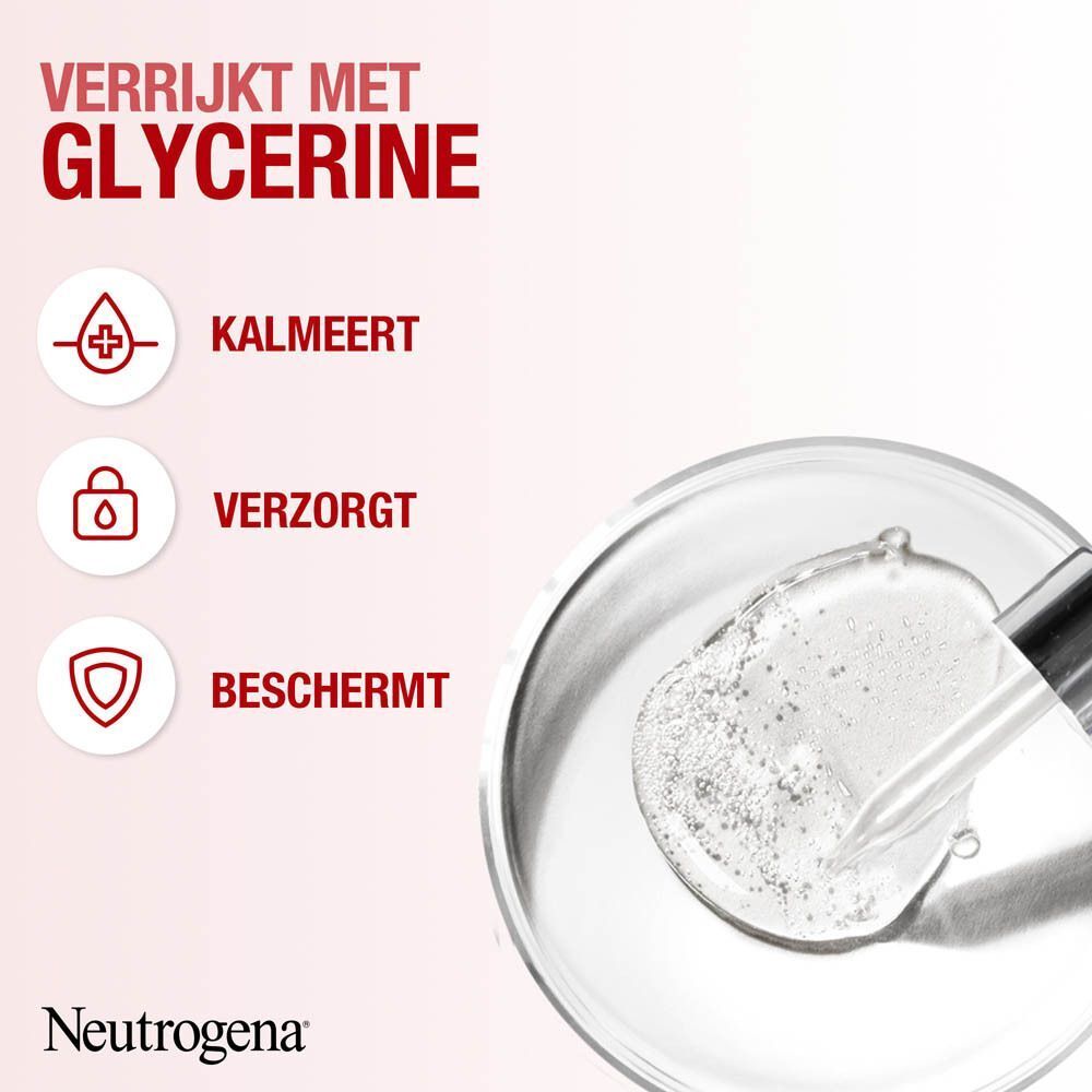 Ingrediënten: Glycerine. Symbolen: Kalmeert, verzorgt, beschermt. Tekst: Neutrogena.