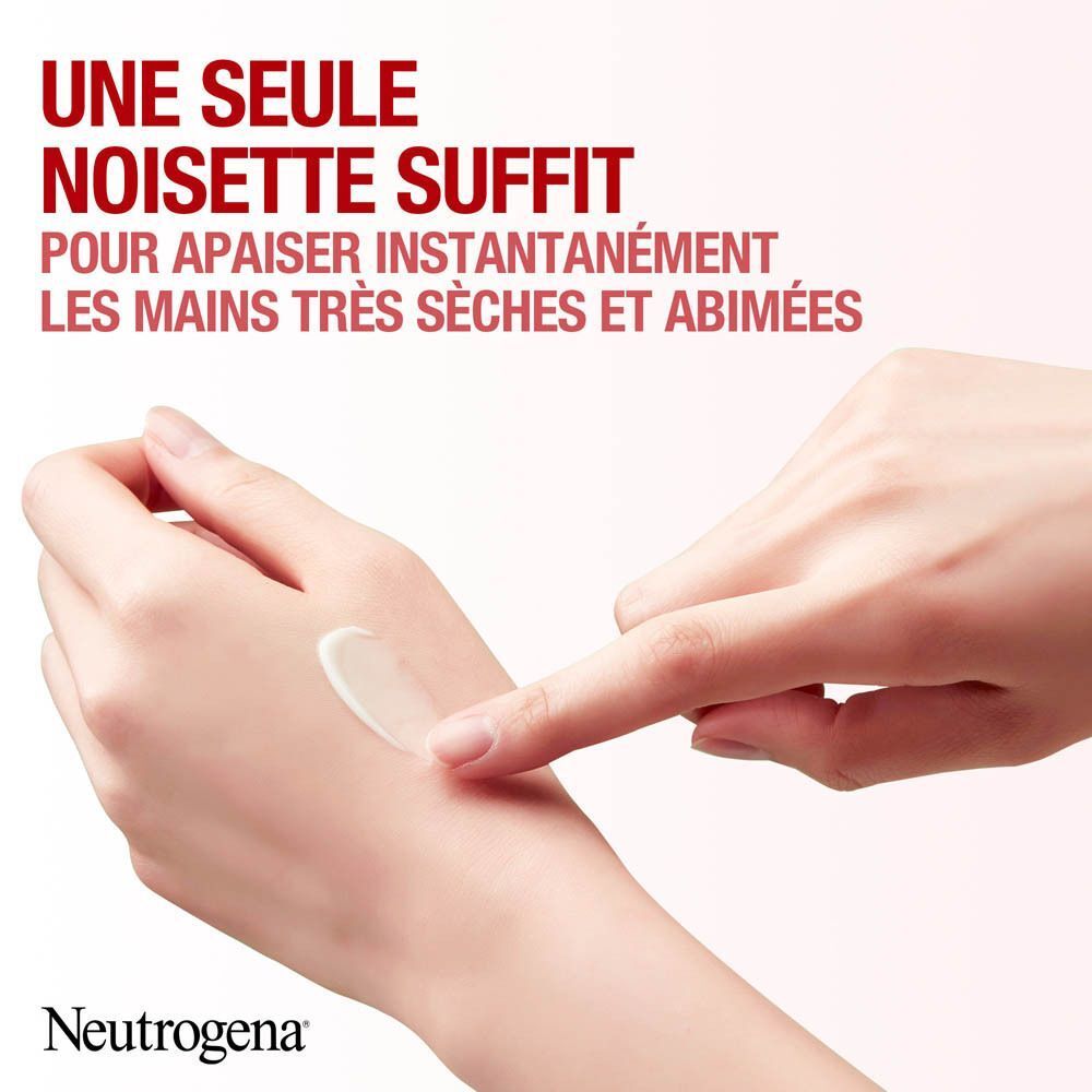 Main en cours d'application de crème. Texte: Neutrogena. Une petite quantité suffit. Pour mains très sèches.