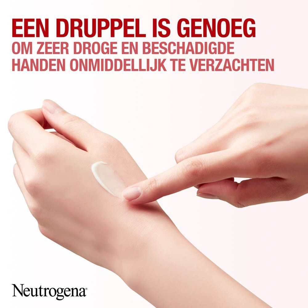 Hand wordt ingesmeerd. Tekst: Neutrogena. Een kleine hoeveelheid is voldoende. Voor zeer droge handen.