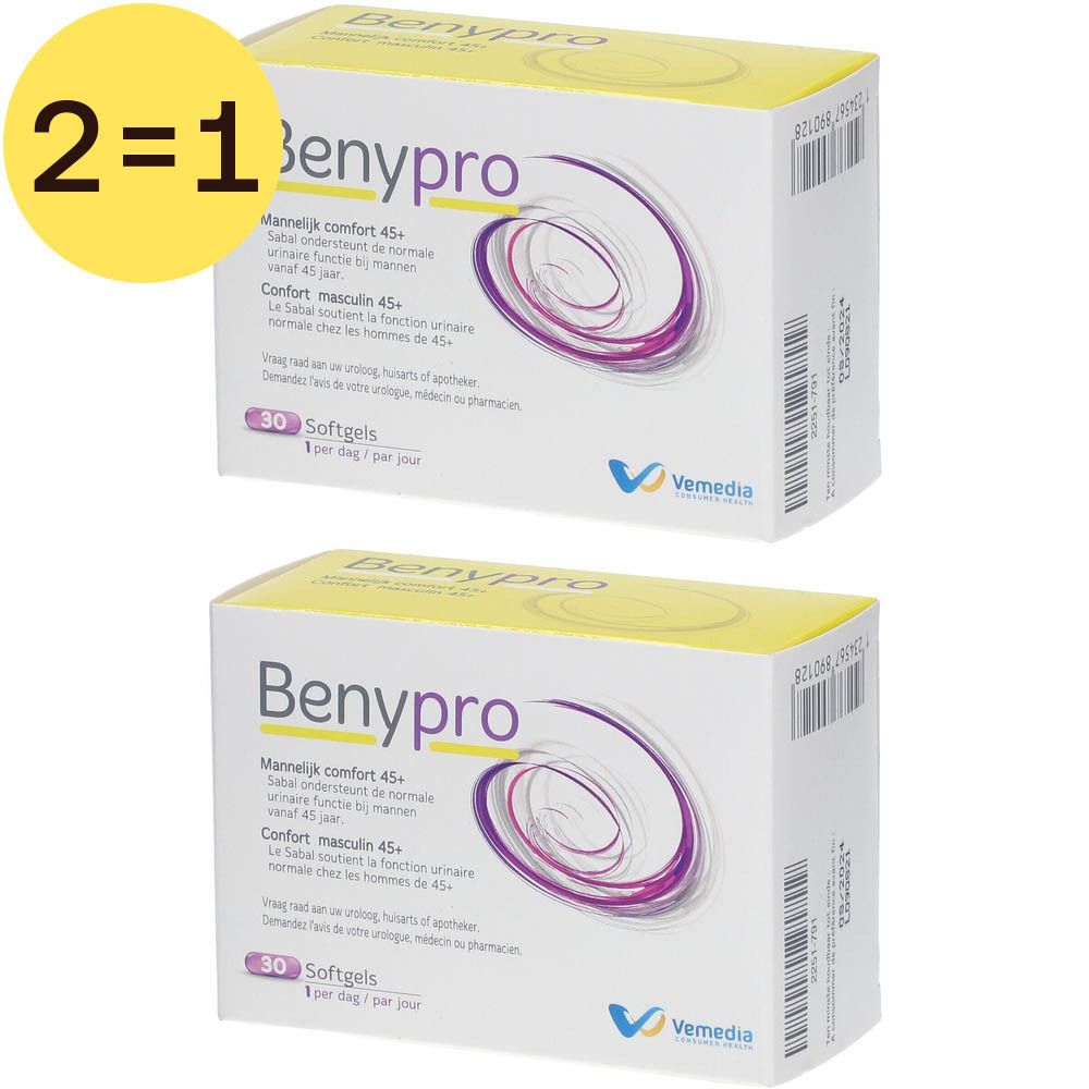 Twee dozen Benypro. Opschrift: Mannelijk comfort 45+. 30 softgels. Vemedica logo. Geel label met "2=1".