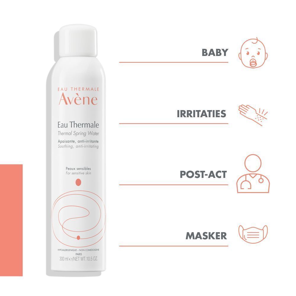 Achterkant van een witte fles Avène Eau Thermale. Nederlandse tekst. Productinformatie.