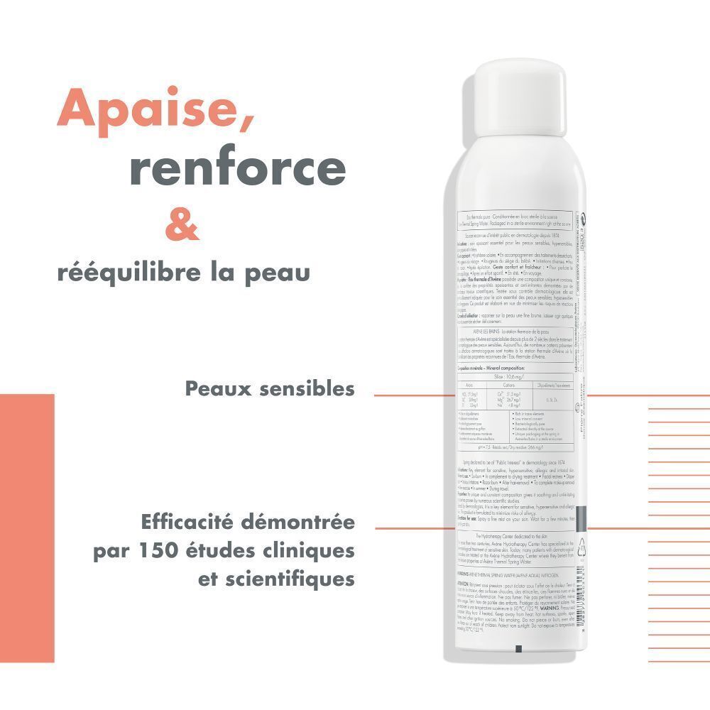 Dos d'un flacon blanc Avène Eau Thermale. Texte en français. Informations sur le produit.