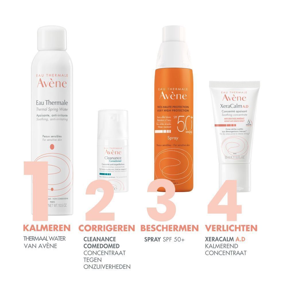 Vier producten: Thermaal water, Cleanance, Spray SPF 50+, XeraCalm A.D. Concentraat.