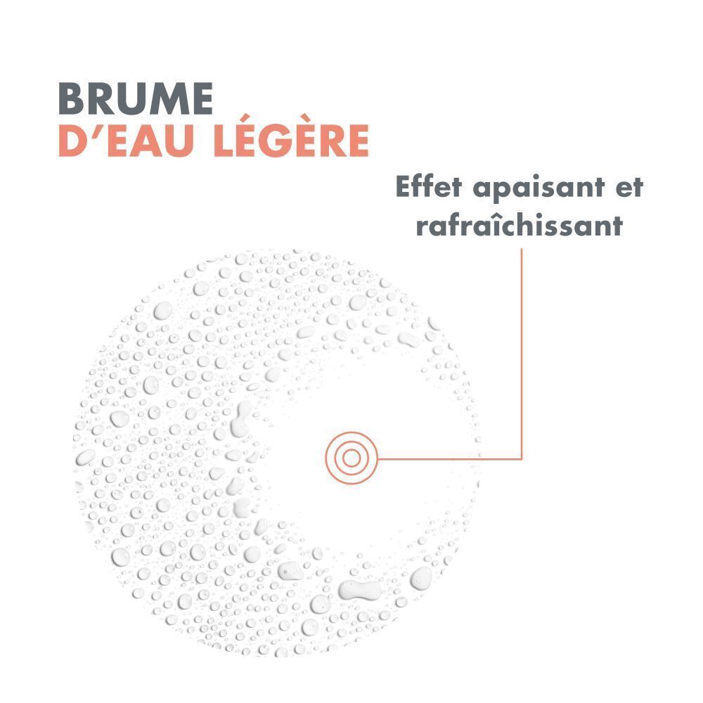 Cercle avec gouttelettes d'eau. Texte : "Brume d'eau légère". Flèche vers un point rouge.