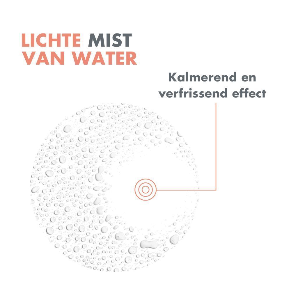 Cirkel met waterdruppels. Tekst: Lichte mist van water. Effect: Kalmerend en verfrissend.