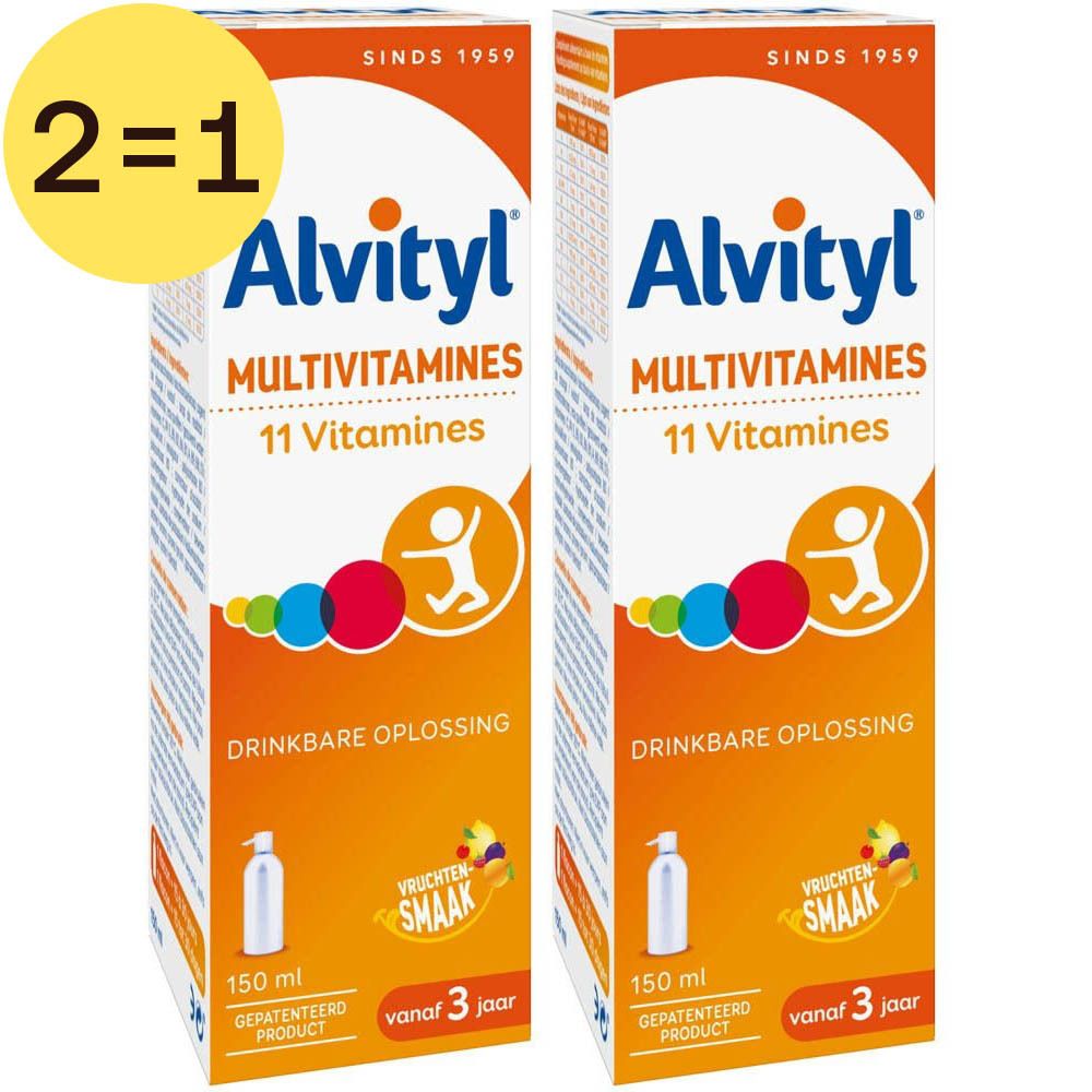 Twee verpakkingen Alvityl Multivitamines. Opschrift: 11 vitaminen, drinkbare oplossing, fruitsmaak. Geel 2=1 symbool.