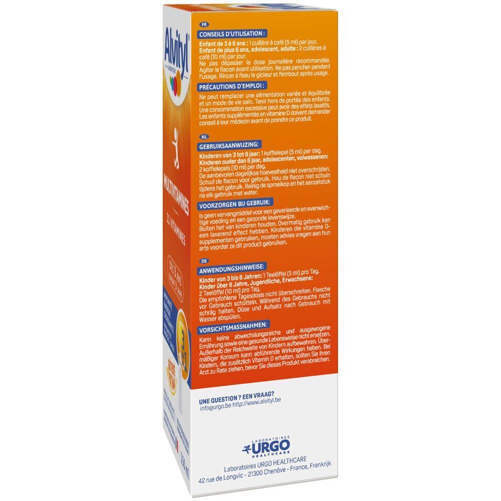 Alvityl Multivitamine drank, zijaanzicht van de verpakking. Tekst met instructies en voorzorgsmaatregelen.