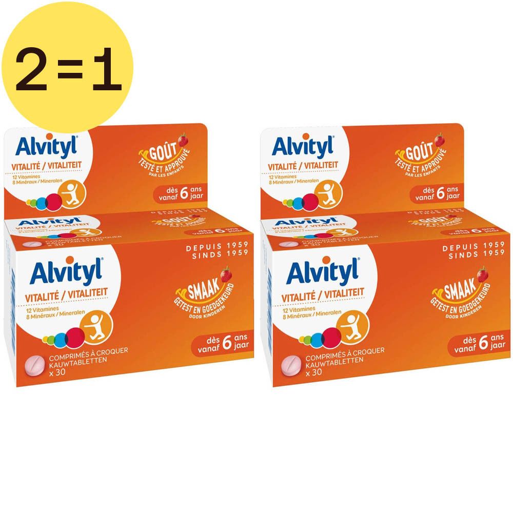 Twee dozen Alvityl Vitalité. Oranje verpakking met naam en logo. '2=1' sticker.