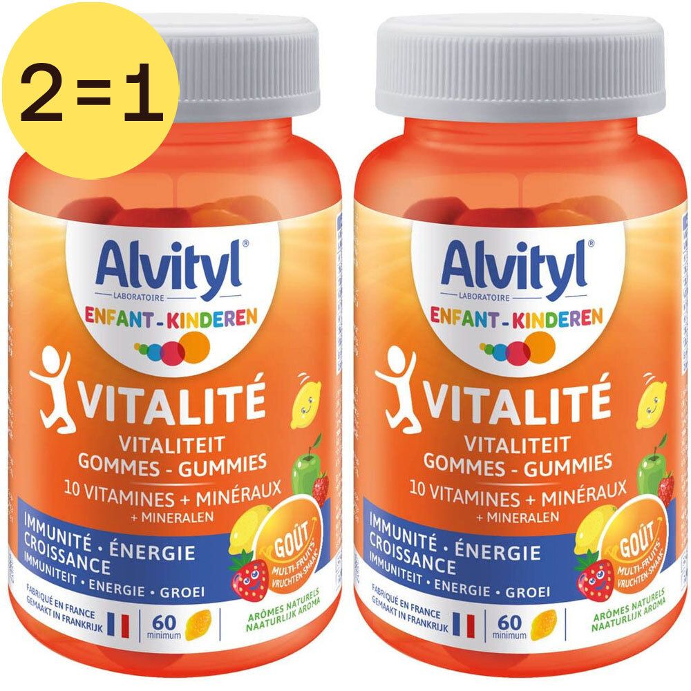 Deux flacons Alvityl Vitalité Gummies. Flacons oranges, bouchons blancs. Inscription: Vitalité, 10 vitamines + minéraux.