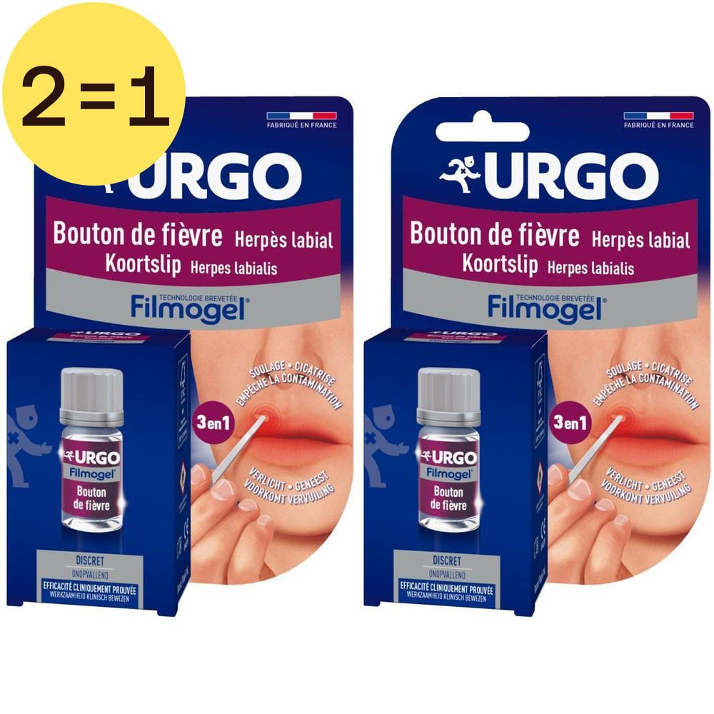 Deux boîtes de Urgo Filmogel. Emballage bleu avec nom et illustration du produit. Flacon avec applicateur.