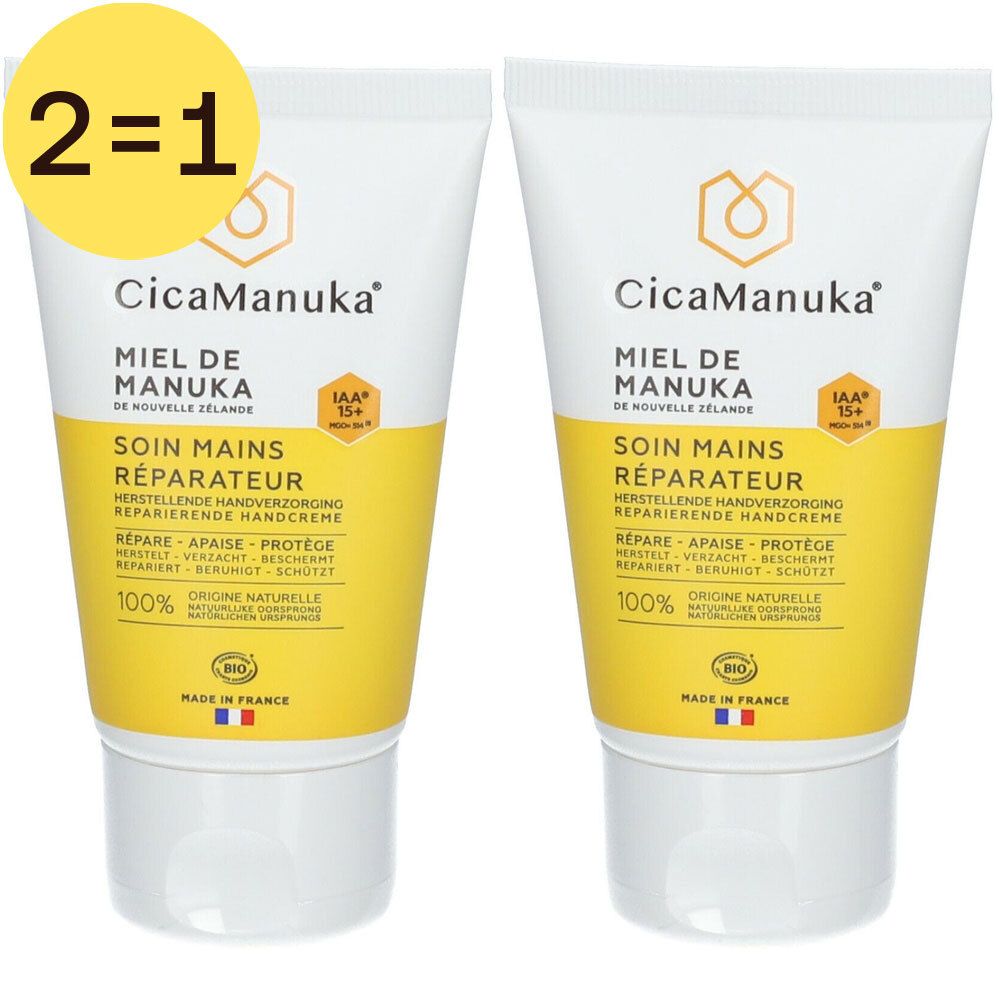 Twee tubes CicaManuka® handcrème, geel-wit, met tekst en logo. 2=1 sticker.