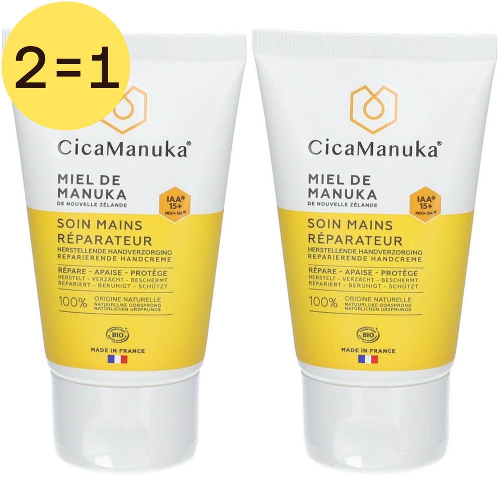 Twee tubes CicaManuka® handcrème, geel-wit, met tekst en logo. 2=1 sticker.